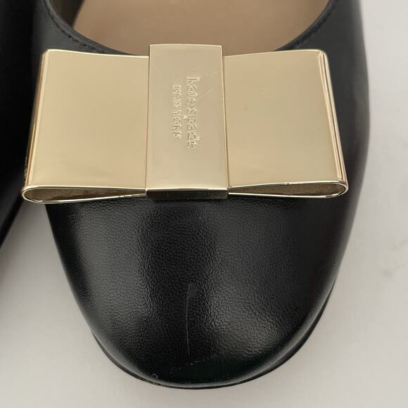 Kate Spade Leather Black Gold Bow Dijon Block Pumps Heels Size 9.5 - Picture 5 of 16